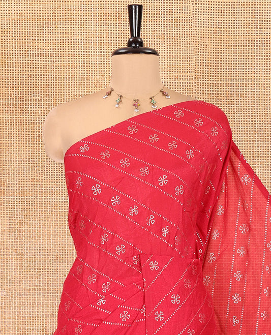 Borderless Pink Vichitra Silk Saree, Gleamed Up with Floral Buttas and Leheriya-Style Foil Print on Its Body, a Self-Pallu, and Has No Blouse