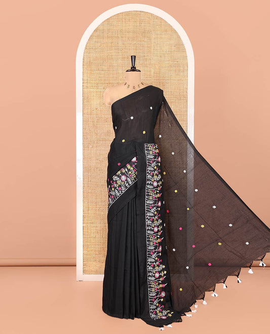 Borderless Black Khadi Cotton Saree, Delicately Woven with Flower Motifs Embroidery All Over Its Body, a Self-Pallu, and Paired with a Matching Blouse