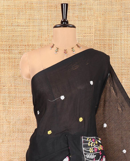 Borderless Black Khadi Cotton Saree, Delicately Woven with Flower Motifs Embroidery All Over Its Body, a Self-Pallu, and Paired with a Matching Blouse