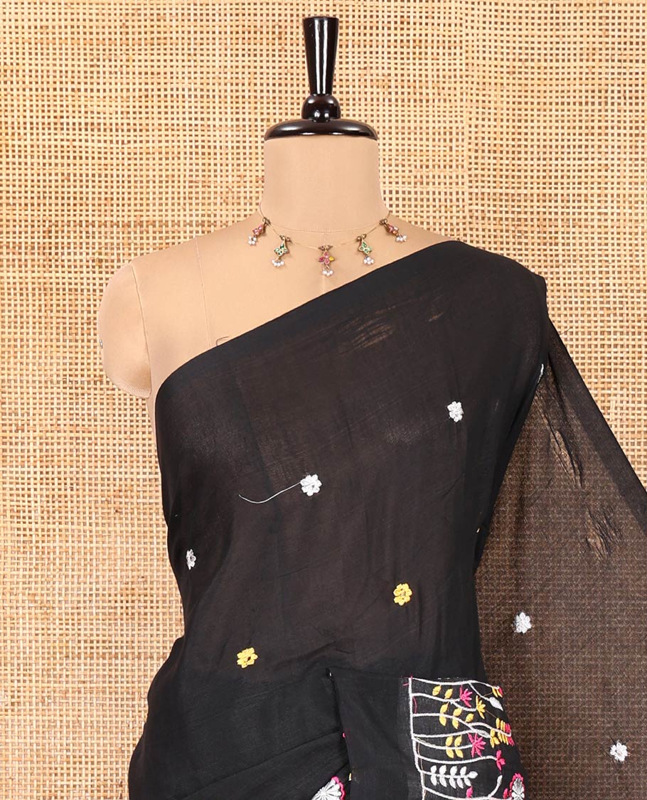 Borderless Black Khadi Cotton Saree, Delicately Woven with Flower Motifs Embroidery All Over Its Body, a Self-Pallu, and Paired with a Matching Blouse
