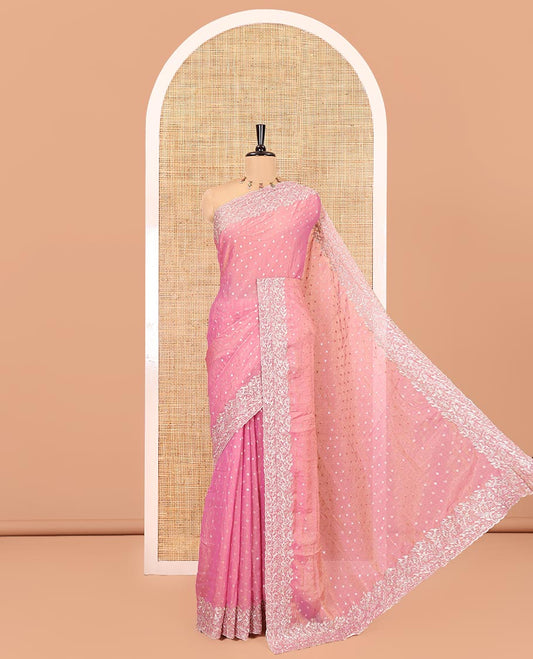 Pink Fendi Chiffon Saree, Steeped with 1000-Buttas All Over Its Body, Highlighted by a Scallop Embroidered Border, a Self-Pallu, and Paired with a Matching Blouse