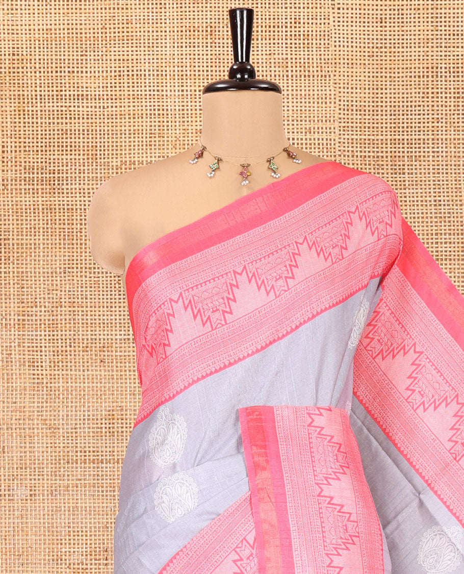 Grey Katan Silk Saree, Bedecked with Buttas, Complemented by Contrast Traditional Design Border, Geometric-Patterned Pallu, and a Contrast Blouse