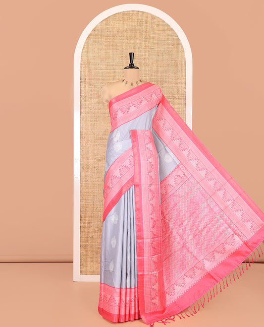 Grey Katan Silk Saree, Bedecked with Buttas, Complemented by Contrast Traditional Design Border, Geometric-Patterned Pallu, and a Contrast Blouse