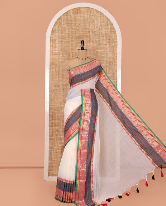 Cream Khadi Mul Cotton Saree, Adorned with Contrast Traditional Yaali-Peacock Border and a Matching Blouse