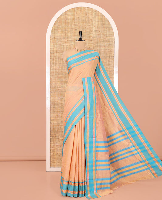 Mustard Mercerised Cotton Saree, Subtly Sparkled with Checks, Contrast Rettai Pettu Border, Striped Pallu, and Matching Blouse