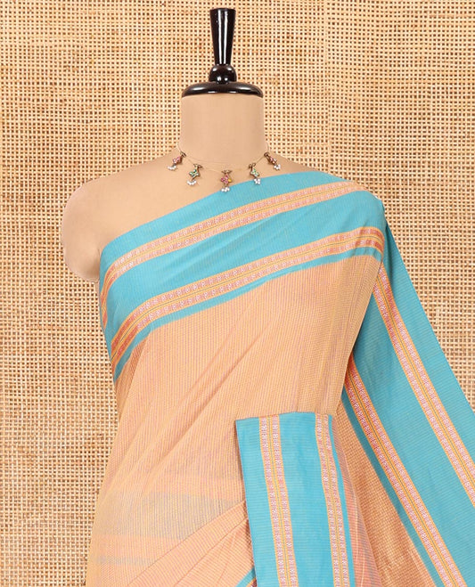 Mustard Mercerised Cotton Saree, Subtly Sparkled with Checks, Contrast Rettai Pettu Border, Striped Pallu, and Matching Blouse