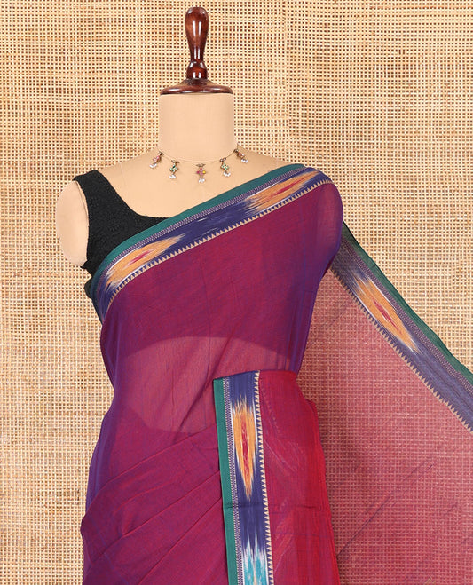 Violet Plain Mercerised Cotton Saree, a Contrast Ikat Border, an Ikat Weave Pallu, and a Matching Blouse