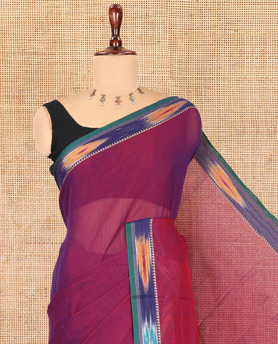 Violet Plain Mercerised Cotton Saree, a Contrast Ikat Border, an Ikat Weave Pallu, and a Matching Blouse