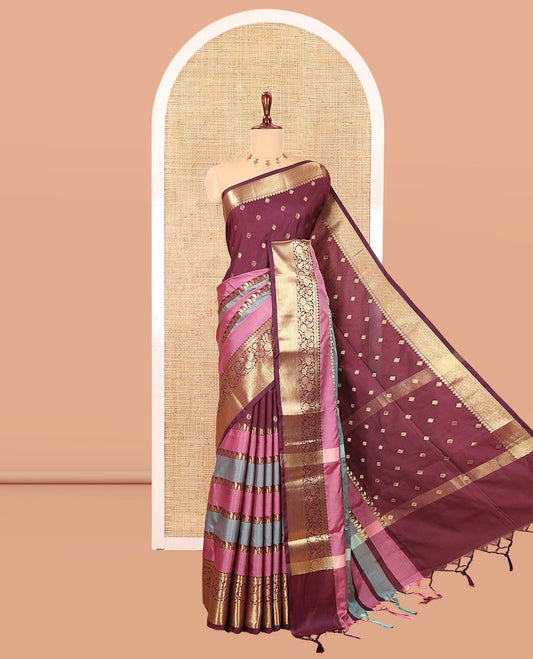 Purple Semi-Katan Silk Saree, Adorned with Zari Designs, Contrast Floral Creeper Border, Self-Pallu, and Matching Blouse