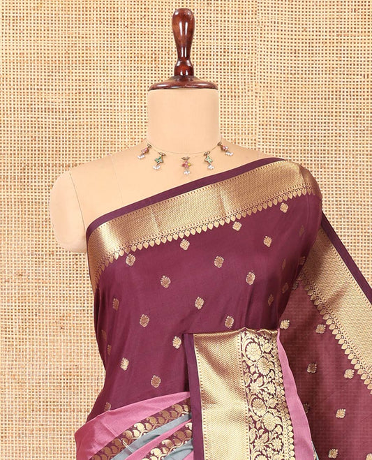 Purple Semi-Katan Silk Saree, Adorned with Zari Designs, Contrast Floral Creeper Border, Self-Pallu, and Matching Blouse