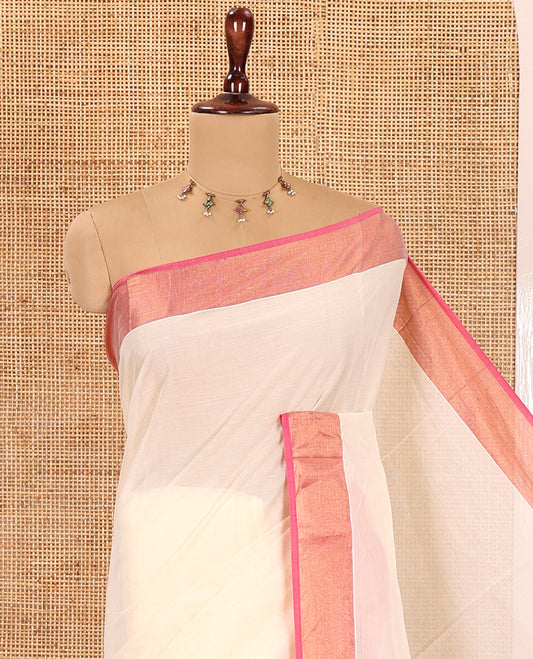 Cream Plain Kerala Cotton Saree, Contrast Tissue Border, a Matching Blouse