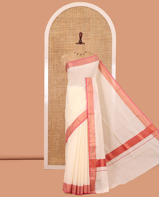 Cream Plain Kerala Cotton Saree, Contrast Tissue Border, a Matching Blouse