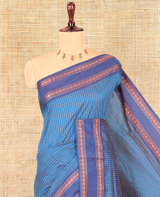 Blue Checked Kalyani Cotton Saree, Contrast Rettai Pettu Rudraksham Border and a Matching Blouse