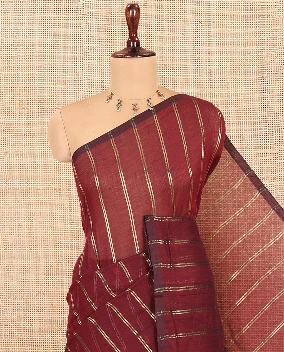 Borderless Wine Khadi Mul Cotton Saree, Adorned with Vertical Zari Stripes, a Self-Pallu, and No Blouse