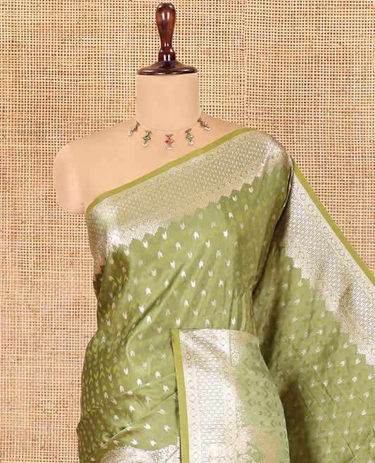 Olive Green Satin Silk Saree, Steeped in Richness of Buttas and Embossed Texture, Traditional Peacock Zari Border, Peacock Pallu, and a Matching Blouse