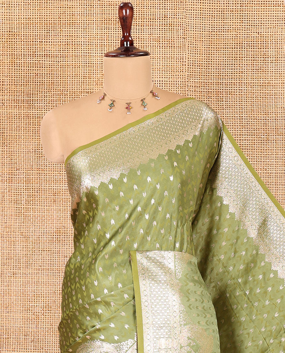 Olive Green Satin Silk Saree, Steeped in Richness of Buttas and Embossed Texture, Traditional Peacock Zari Border, Peacock Pallu, and a Matching Blouse