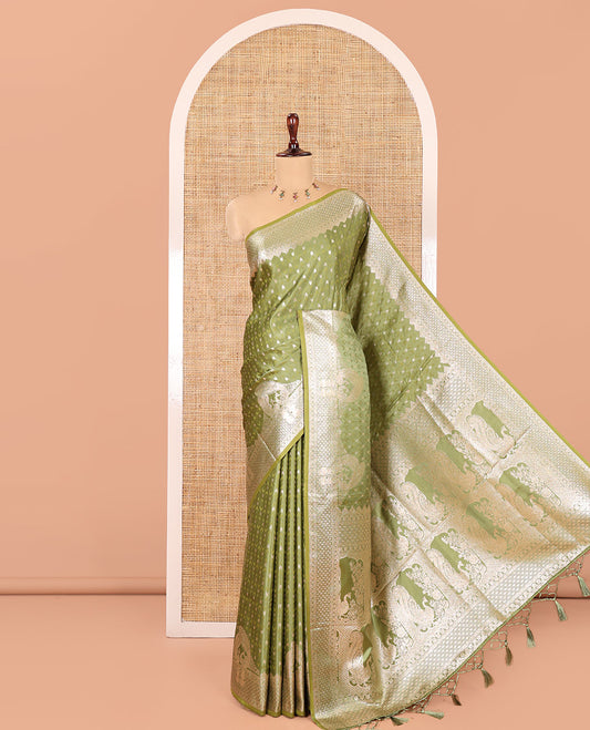 Olive Green Satin Silk Saree, Steeped in Richness of Buttas and Embossed Texture, Traditional Peacock Zari Border, Peacock Pallu, and a Matching Blouse
