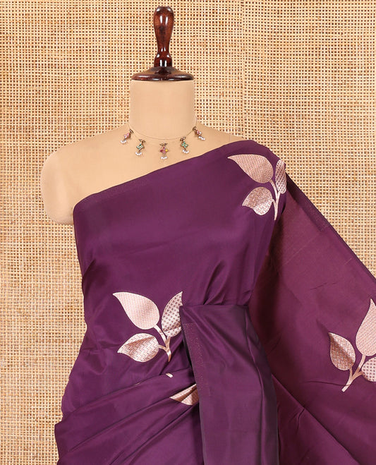 Borderless Dark Violet Elite Soft Silk Saree, Mesmerized with Leaf Motifs, a Self-Pallu of Floral Designs, and a Matching Blouse