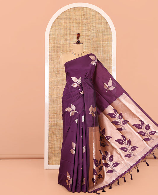 Borderless Dark Violet Elite Soft Silk Saree, Mesmerized with Leaf Motifs, a Self-Pallu of Floral Designs, and a Matching Blouse