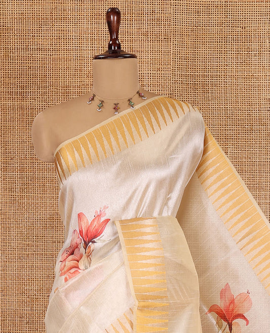 Cream Semi-Tussar Saree, Beautified with Floral Print, Zari Temple Border, and a Matching Blouse