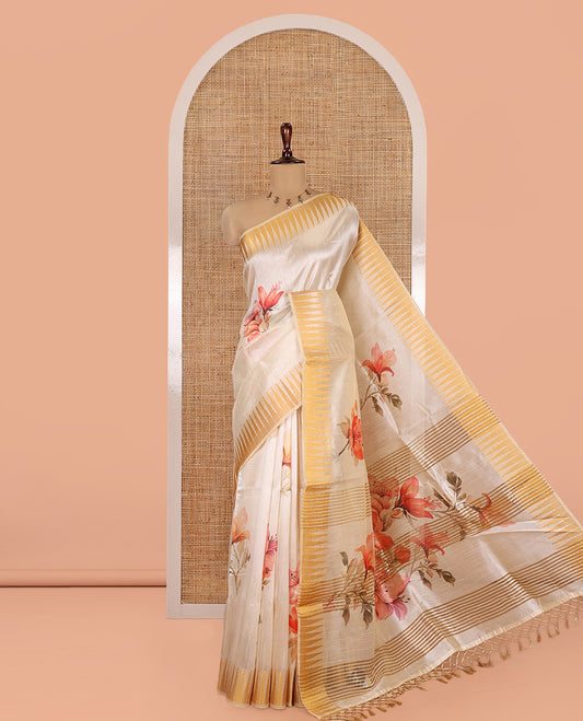Cream Semi-Tussar Saree, Beautified with Floral Print, Zari Temple Border, and a Matching Blouse