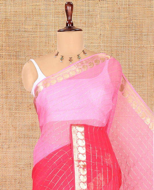 Baby Pink-Rani Pink Chiffon Saree, Decorated with Dual-Dyed and Zari Checks, Paisley Border, Striped Pallu, Contrast Blouse