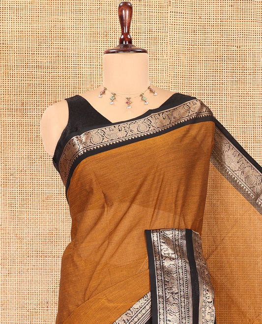 Mustard Plain Chettinad Cotton Saree, Complemented by Contrast Peacock-Elephant Temple Border, Striped Pallu, and a Matching Blouse