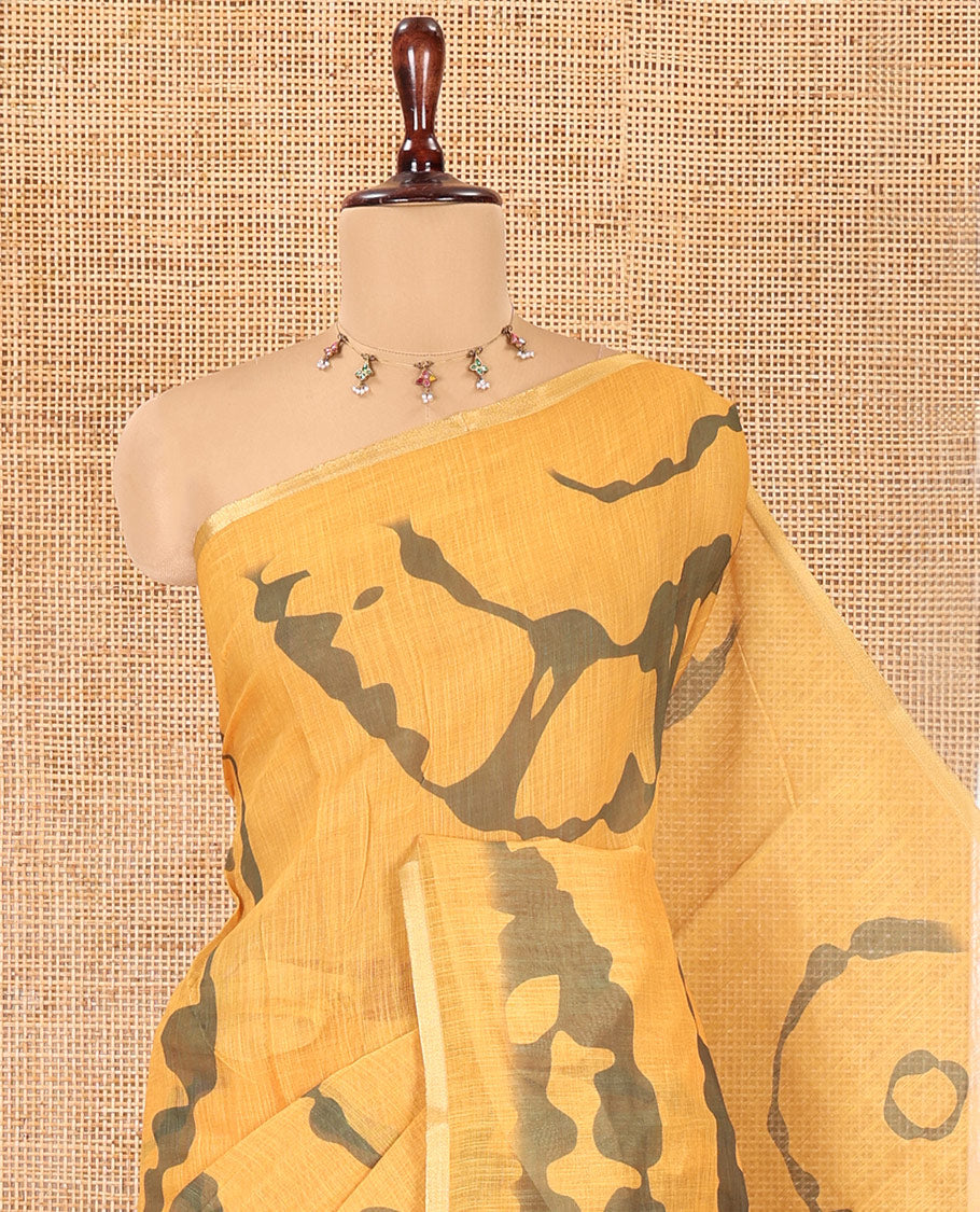 Mustard Linen Cotton Saree, Adorned with Shibori Print, Gold Piping Border, Contrast Floral Printed Pallu, and Contrast Floral Printed Blouse