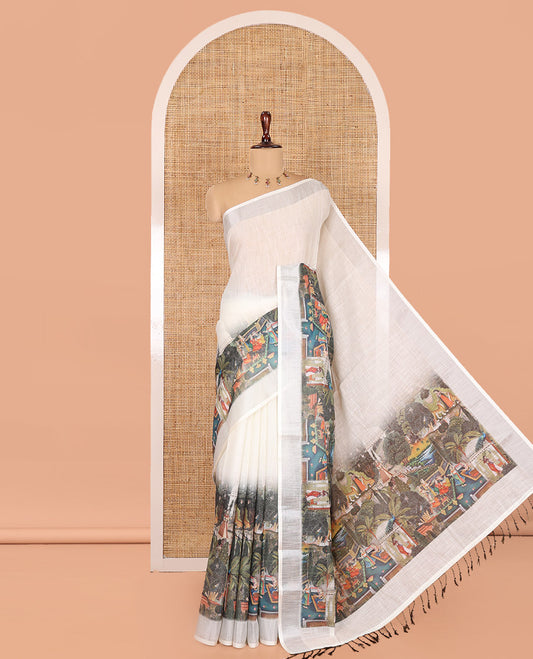 Cream-Orange Linen Cotton Saree Features Plain and Mughal-Style Print, a Zari Border, Printed Pallu, and a Contrast Blouse