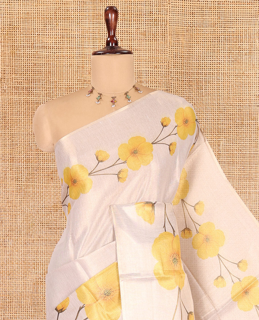 Gold Plain Tissue Saree, Embellished with a Floral Printed Border and a Matching Blouse