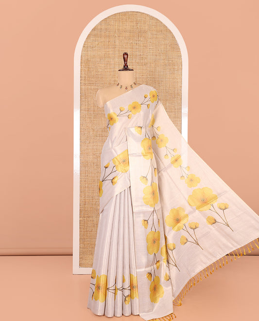 Gold Plain Tissue Saree, Embellished with a Floral Printed Border and a Matching Blouse