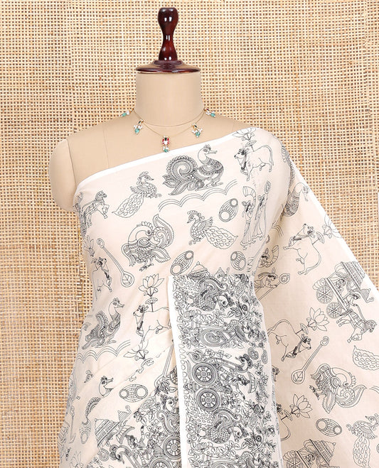 Borderless Cream South Cotton Saree, Beautified with Kalamkari-Style Motifs Outline Print, and a Matching Blouse