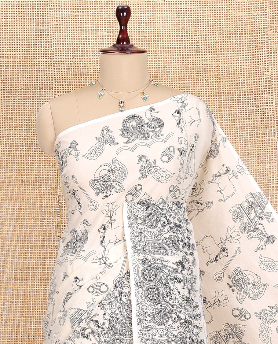 Borderless Cream South Cotton Saree, Beautified with Kalamkari-Style Motifs Outline Print, and a Matching Blouse