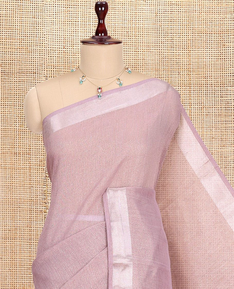Onion Pink Linen Cotton Saree, Adorned with Gold Zari Stripes, Plain Border, a Self-Pallu, and No Blouse