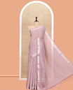 Onion Pink Linen Cotton Saree, Adorned with Gold Zari Stripes, Plain Border, a Self-Pallu, and No Blouse