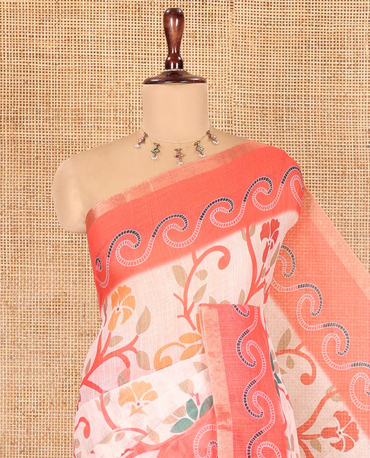 Tomato Pink Linen Cotton Saree Features Floral Vine Print, a Contrast Border, Paisley-Printed Pallu, and a Contrast Blouse