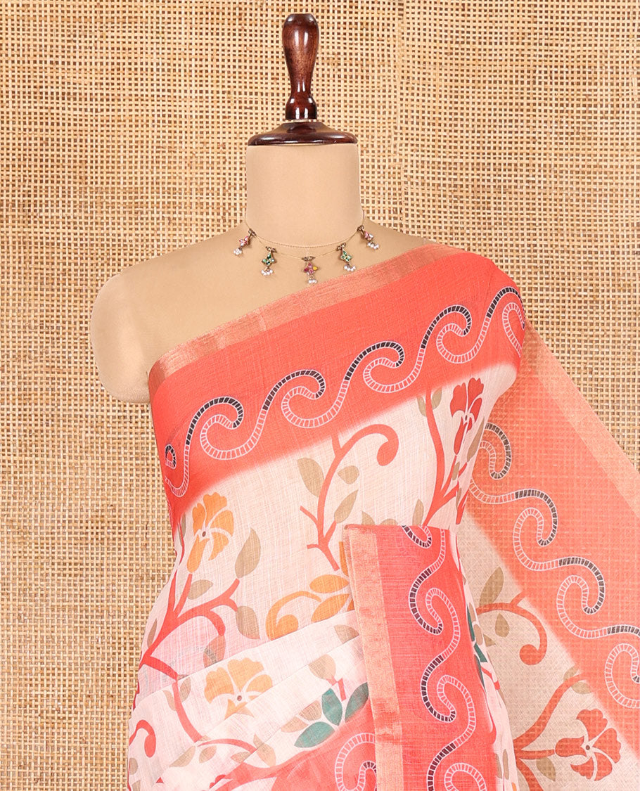 Tomato Pink Linen Cotton Saree Features Floral Vine Print, a Contrast Border, Paisley-Printed Pallu, and a Contrast Blouse