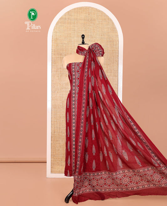 Maroon Rayon Material Chudidhar Set, Bedecked with Ajrakh-Style Floral Printed Top, Elegantly Printed Bottom, and Rayon Dupatta of Ajrakh-Style Floral and Tree Motifs Print