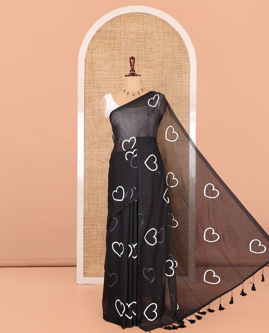 Borderless Black Khadi Mul Cotton Saree, Steeped with Heart Motifs Print, and No Blouse