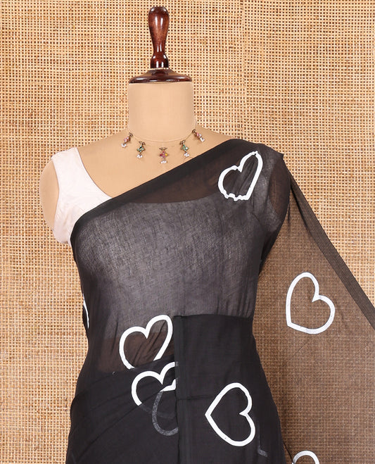 Borderless Black Khadi Mul Cotton Saree, Steeped with Heart Motifs Print, and No Blouse