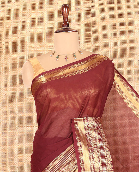 Maroon Plain Chettinad Cotton Saree, Highlighted by Traditional Kanchi Border, Striped Pallu, a Matching Blouse