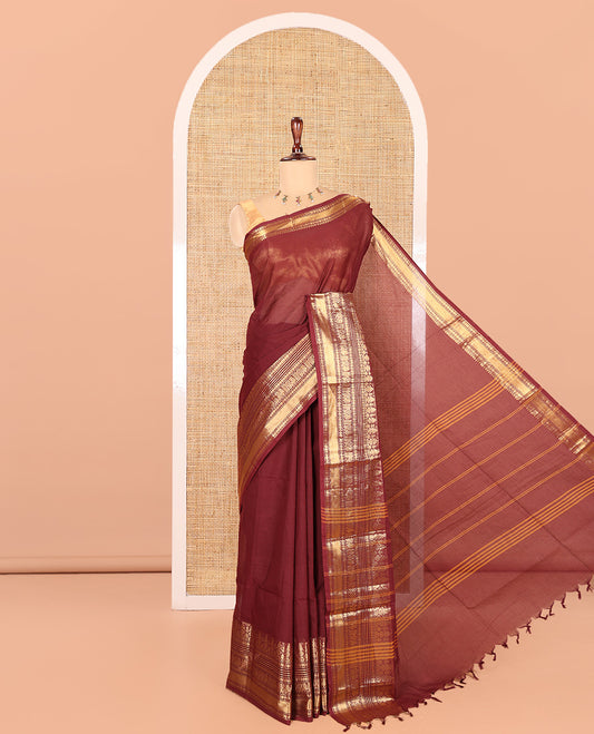 Maroon Plain Chettinad Cotton Saree, Highlighted by Traditional Kanchi Border, Striped Pallu, a Matching Blouse