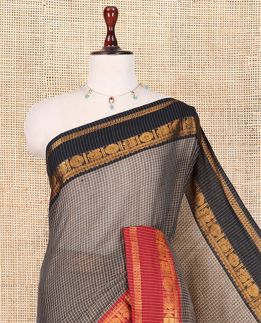 Dark Brown Checked Mercerised Cotton Saree, Contrast Ganga-Jamuna Traditional Border, and Matching Blouse