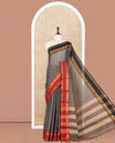 Dark Brown Checked Mercerised Cotton Saree, Contrast Ganga-Jamuna Traditional Border, and Matching Blouse