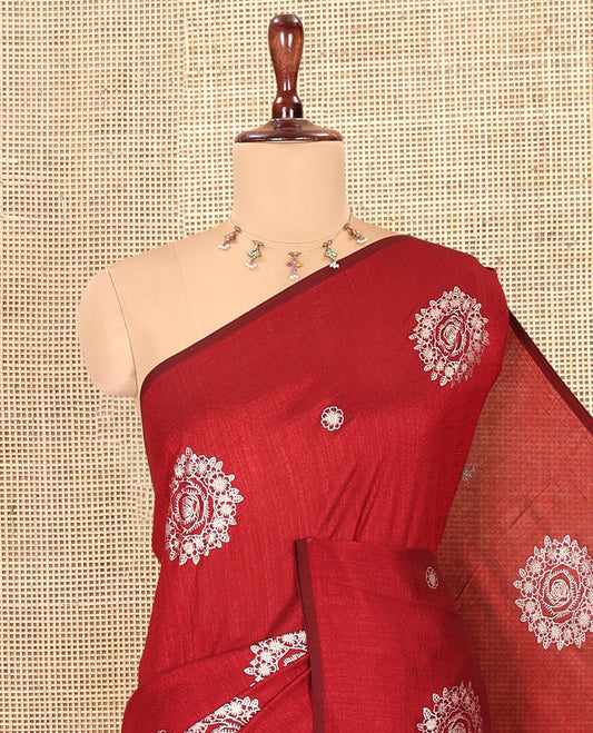Borderless Maroon Vichitra Silk Saree, Enriched with Circle Buttas, a Self-Pallu, and No Blouse