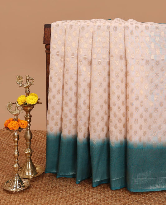 Chikku color with rama blue copper zari butta semi banaras weaving saree with contrast zari border & rich pallu along with plain blouse