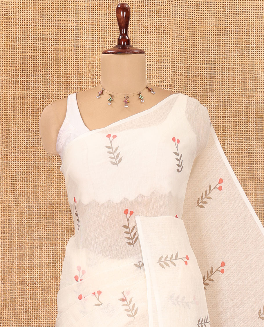 Borderless Cream-Pink Linen Cotton Saree, Prettified with Floral Buttas, a Self-Pallu, and a Contrast Blouse