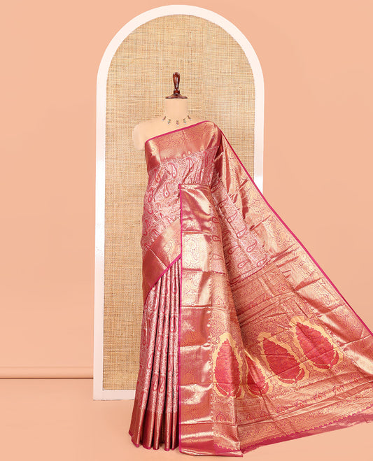 Pink Art Silk Saree, Embellished with Floral-Paisley Jacquard Design, a Traditional Zari Border, Intricate Pallu, and a Matching Blouse