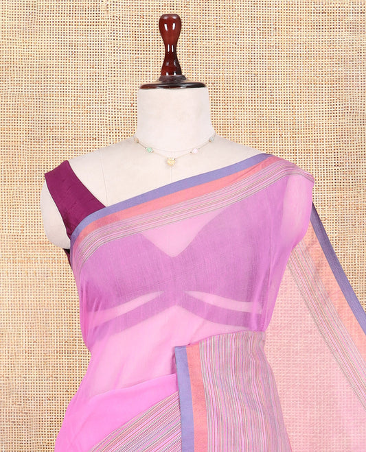 Pink Plain Khadi Cotton Saree, Contrast Satin Striped Border, Striped Pallu, and a Contrast Blouse