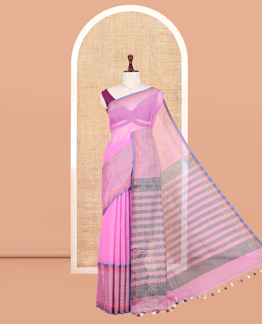 Pink Plain Khadi Cotton Saree, Contrast Satin Striped Border, Striped Pallu, and a Contrast Blouse